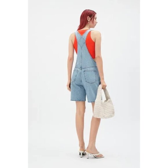 WEEKDAY Dusty Dungaree Denim Overall Shorts Blue Sz 34 NWT Baggy 90s Y2K Grunge - Picture 3 of 12